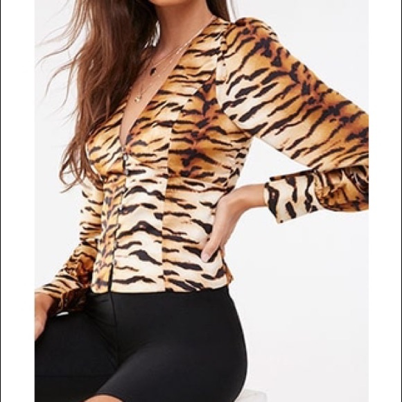 Sateen deep V animal print blouse - Picture 1 of 6